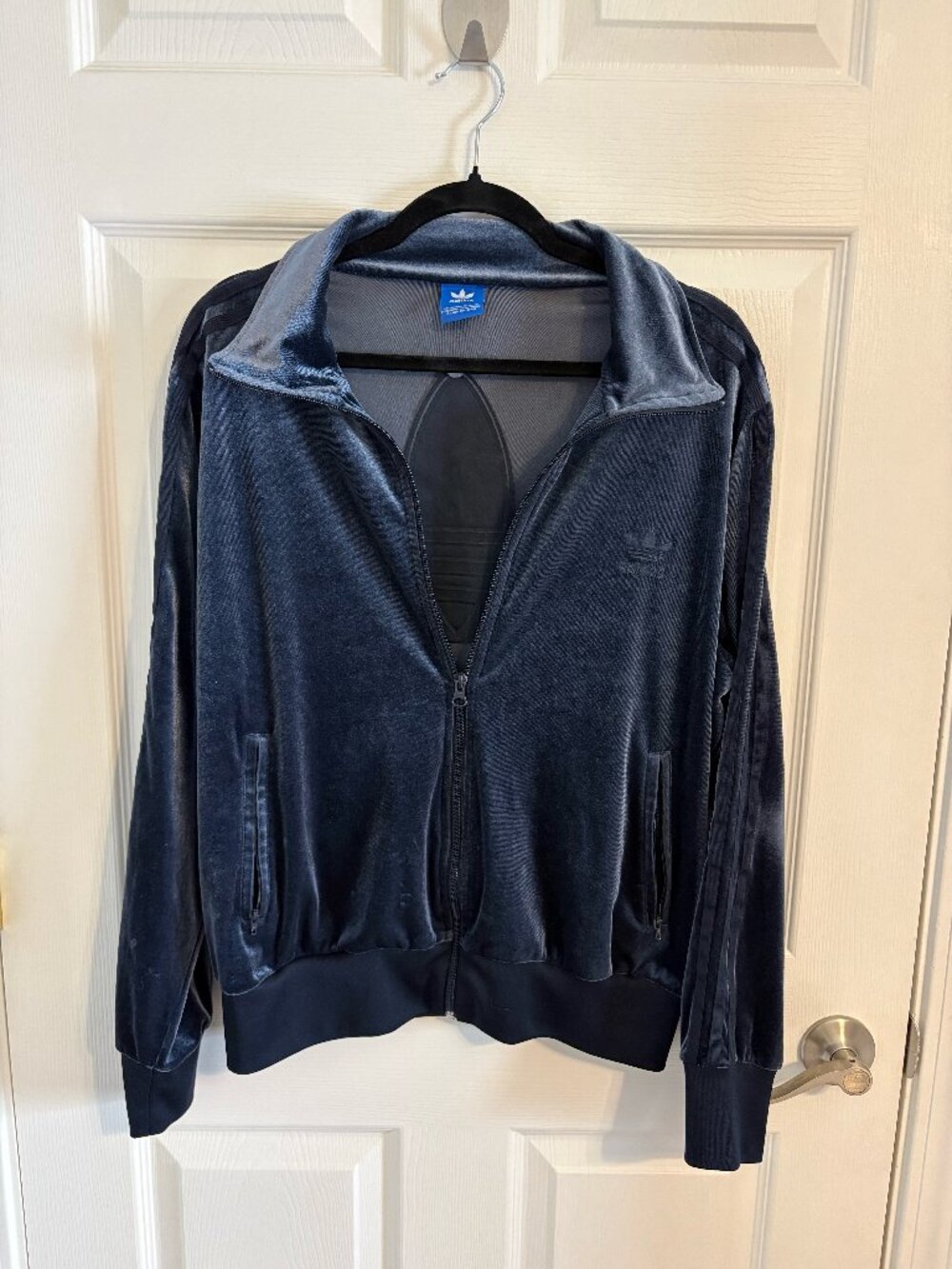 Adidas Originals Navy Velour Track Jacket Women's L Embossed Trefoil Zip BQ8040